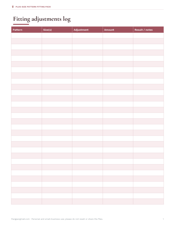 Preview of Printable Fitting Adjustments Log