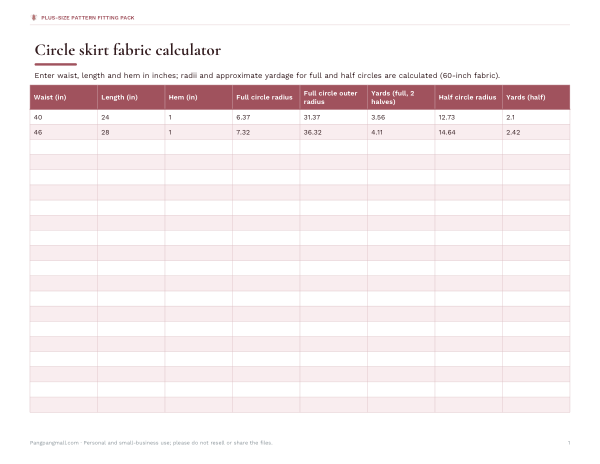 Preview of Printable Circle Skirt Yardage Calculator
